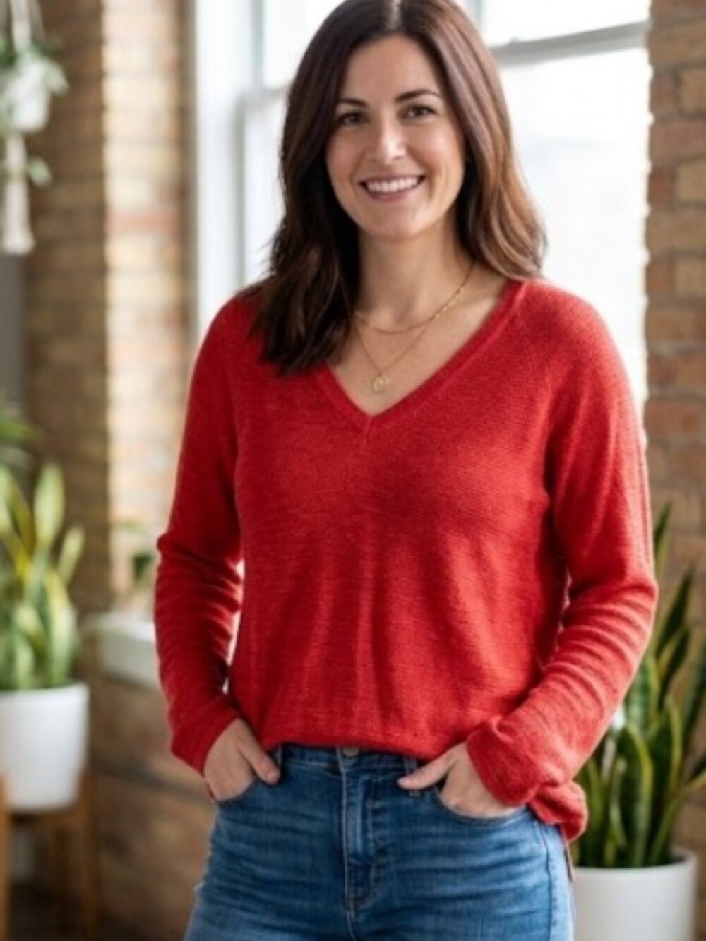 Eileen Fisher Linen Orange/Red Fall Waffleknit Sweater XL